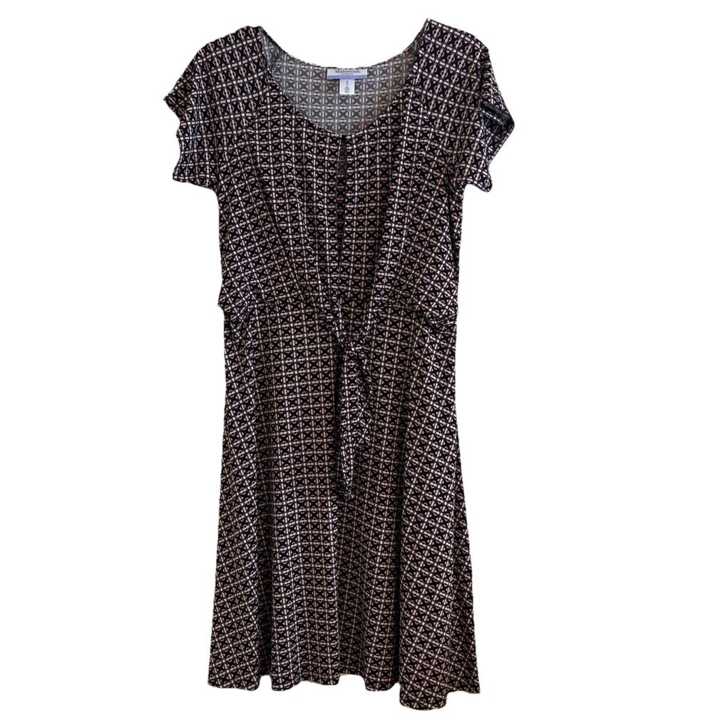 Motherhood Maternity Nursing Dress Women’s M Black Pink Geometric Front Tie Midi